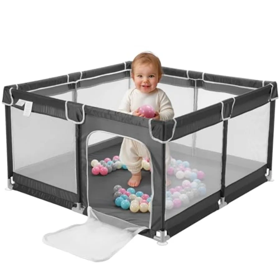 

Baby Large Playpen - 51.2" x 51.2" (130 x 130cm) Breathable Mesh Playground with Safety Gate - Indoors Outdoors Play Pen for Ba