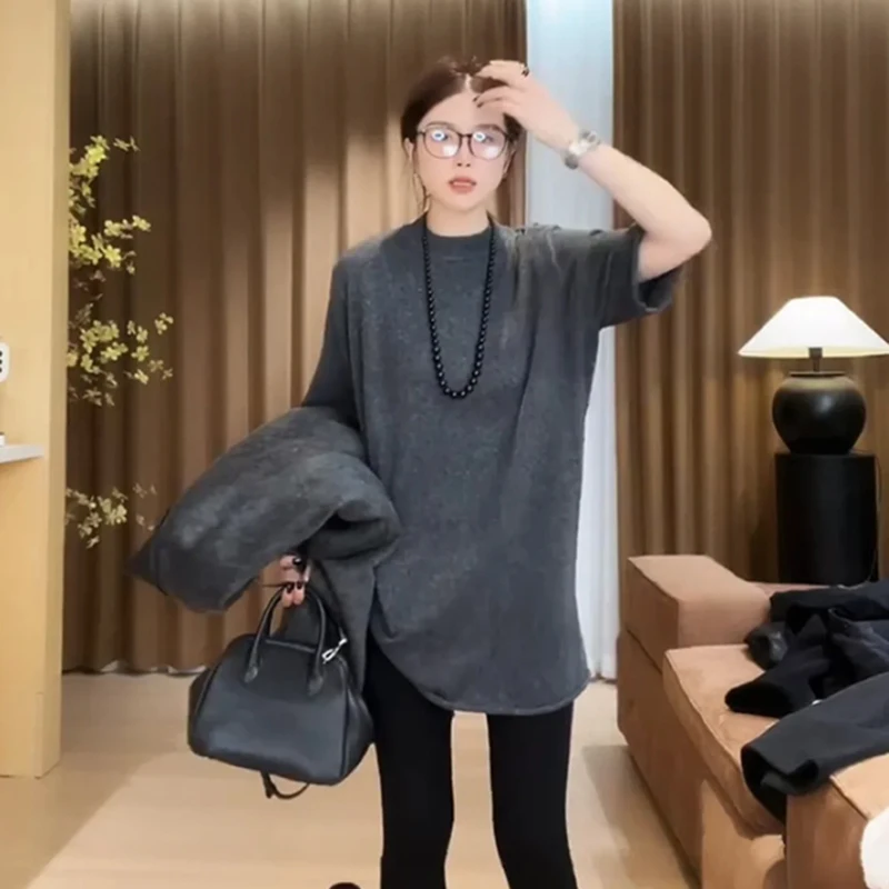 Pure Wool Short Sleeve T Shirt For Women Spring Autumn Loose Round Neck Slimming Medium Long Niche Design Base Top Women's t-shi