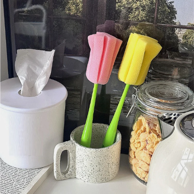 Tulips Sponge Cup Brush With Base Long Handle Water Bottle Cleaner Brush For Mug/Feeding Bottle/Thermos Bottle/Therma Mug