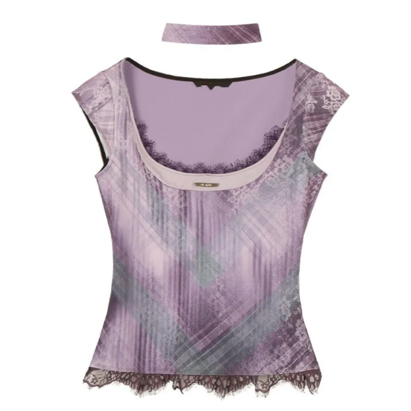 British Punk Vintage Plaid Lace Patchwork Short Sleeved Square Neck T-shirt Chic Lace Patchwork Crop Tops E-girl Preppy College