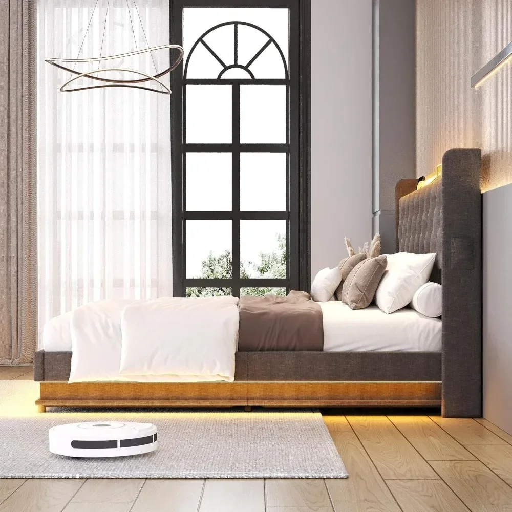 For Queen Size Bed Frame with Lift Up Storage, Upholstered Platform Bed with Charging Station&Led Lights, Queen Bed - view 5