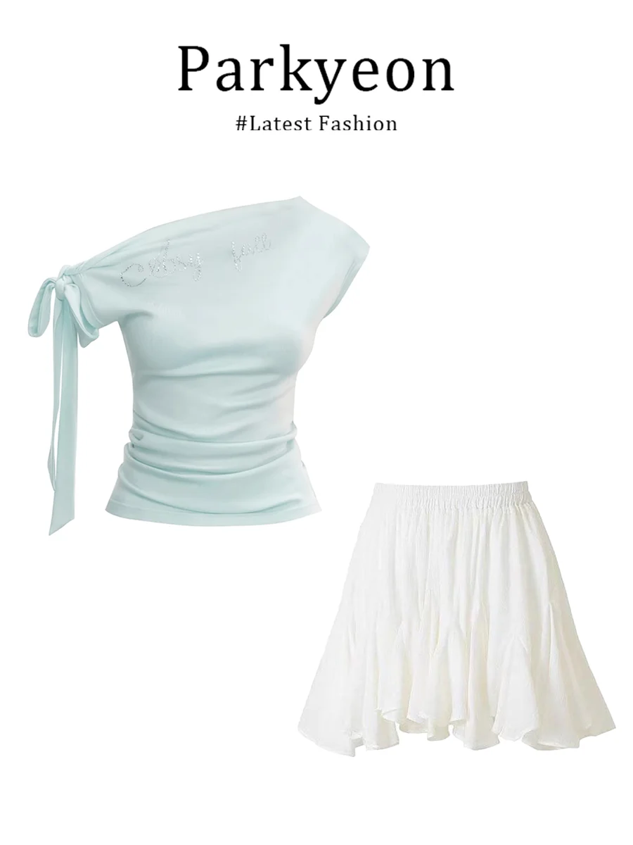 

Parkyeon Summer New Pure Style Women's Short Sleeve Shirt And Skirt Set Slant Shoulder Waist Cinched Casual Fashion Ensemble