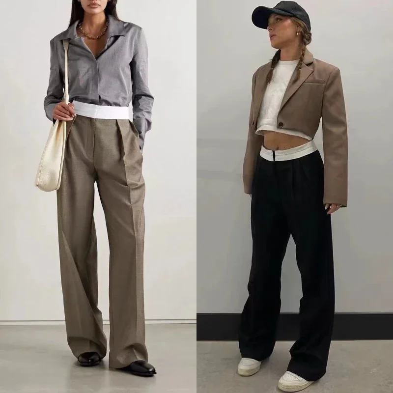 

Spring/Summer 2024 Women Pants Trousers Wide Leg Wool Blended Khaki Colors High Waist Button Fasten Office Lady Casual