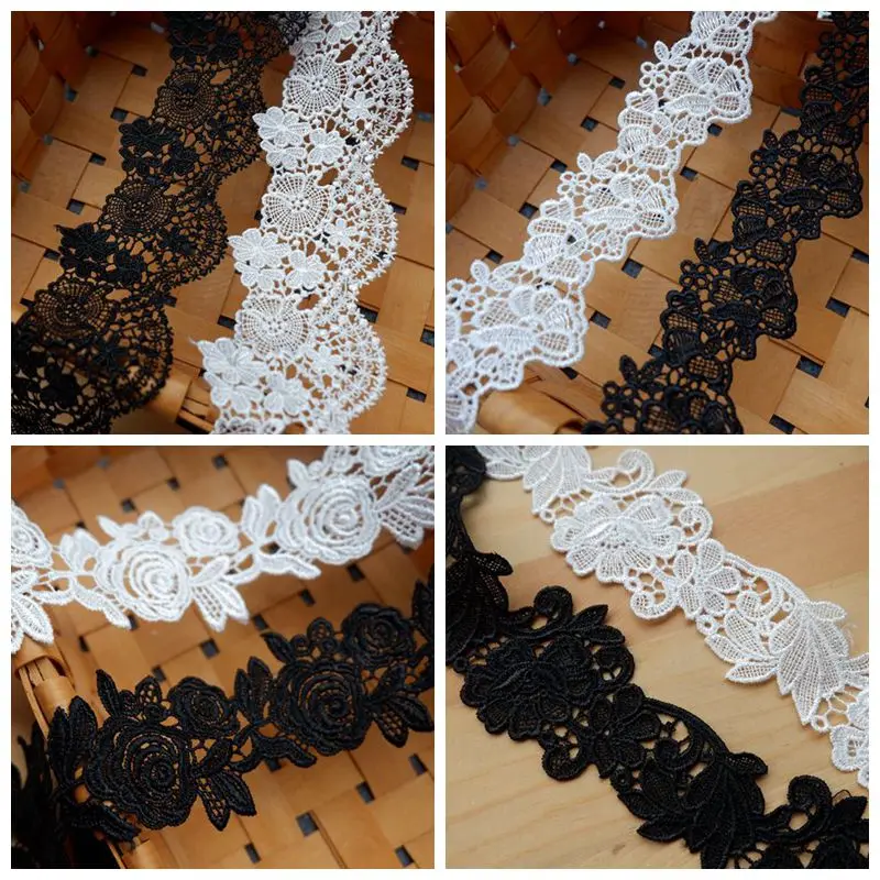 Polyester Embroidery Lace Ribbon, French Lace, Guipure Fabric, DIY Trims, Warp Knitting, Sewing Accessories, Black and White