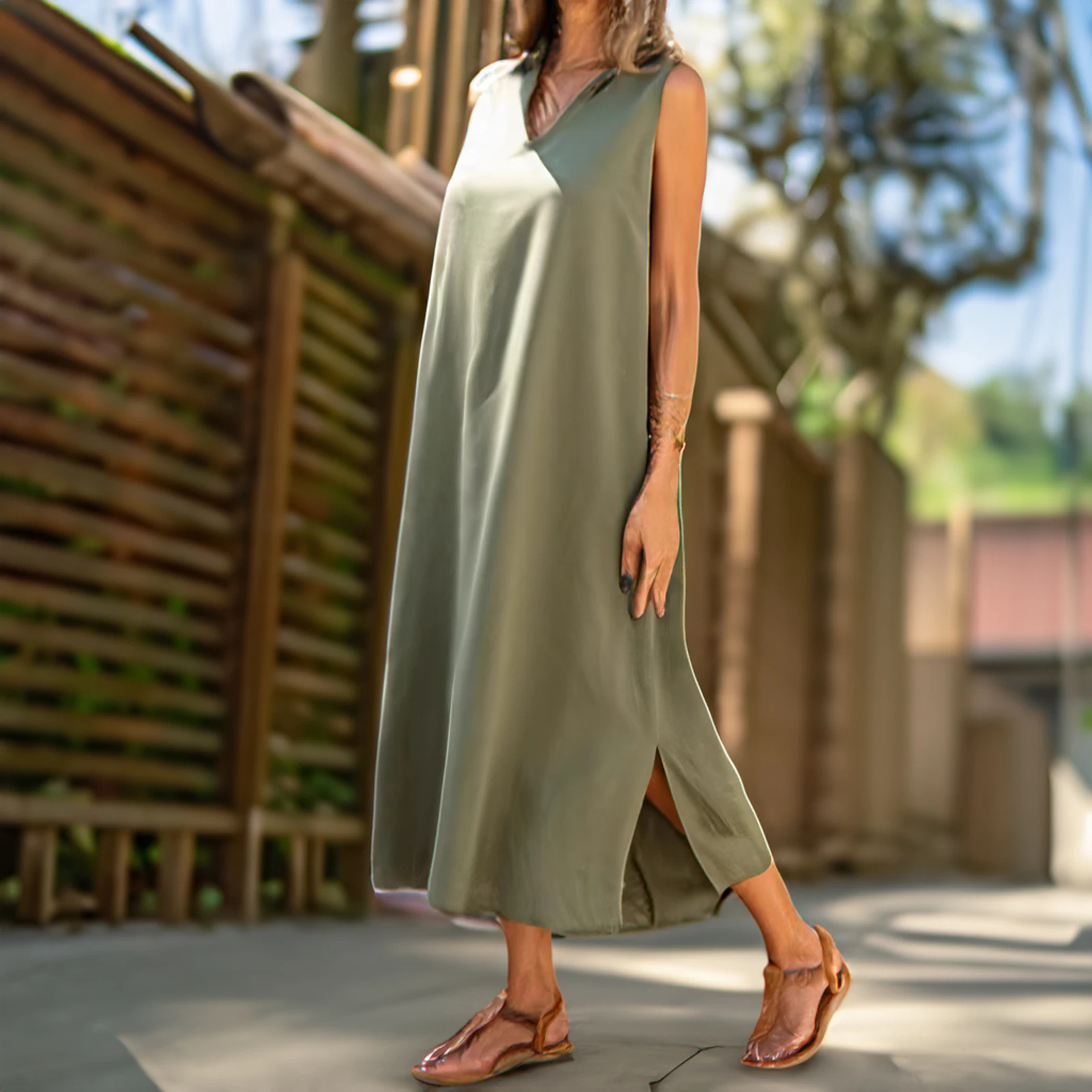 여성용 V넥 단색 탱크 원피스 코튼 린넨 캐주얼 루즈 선드레스, 일반 롱 드레스, 파티 나이트