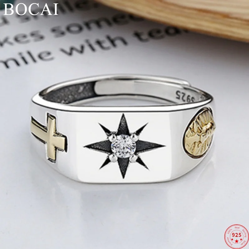 

BOCAI S925 Sterling Silver Rings for Women Men New Fashion The Virgin Mary Cross Eight-pointed Star Zircon Jewelry Wholesale