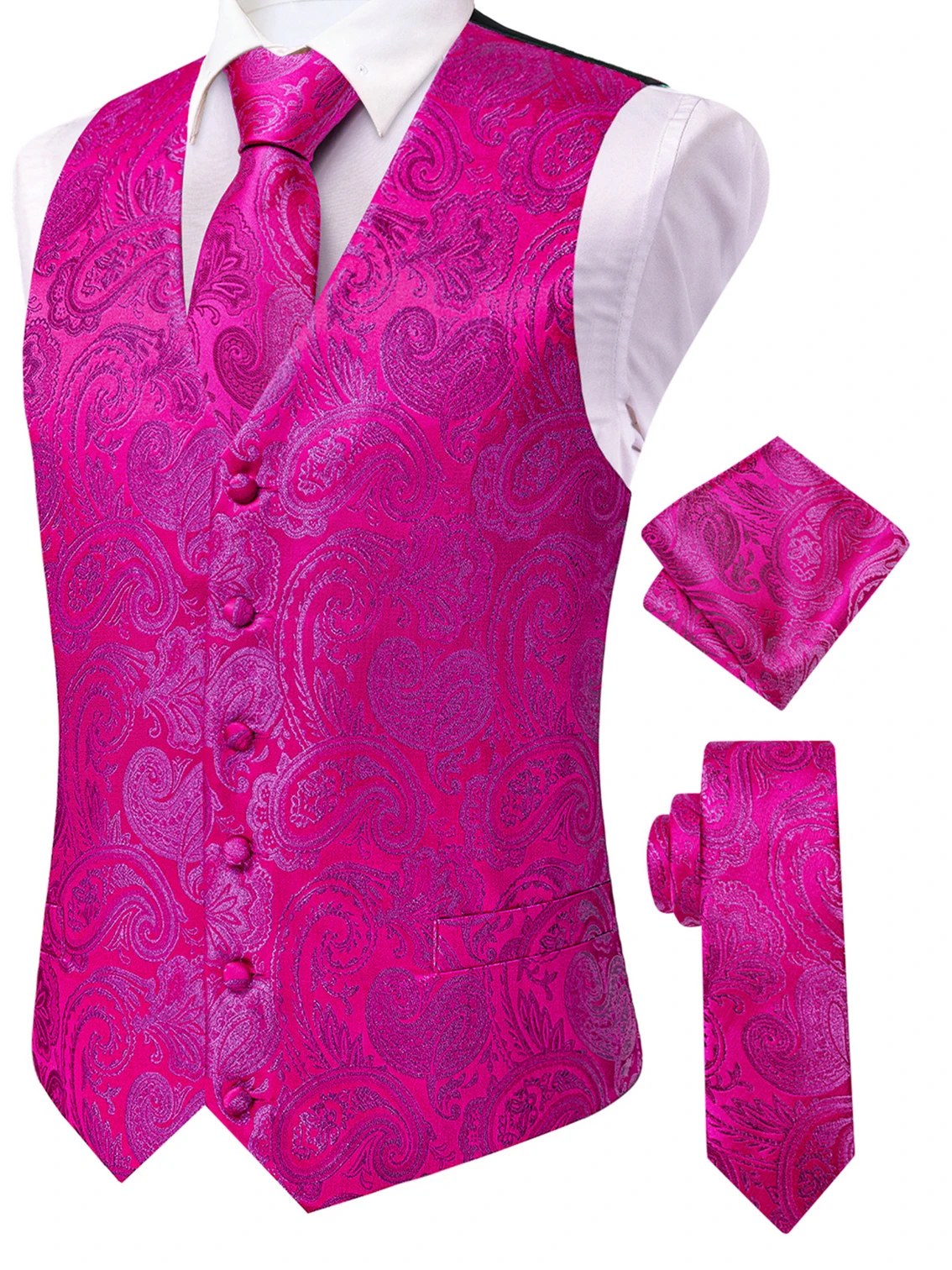 VERVEROW 3PCS Magenta Paisley Waistcoat Set V-neck Suit Vest Tie Pocket Square Formal Wedding Party Dress Vest