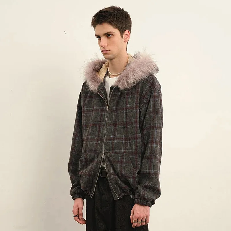 جواكت شتوية للرجال سترات منقوشة عتيقة بياقة من الفرو سترات دافئة سميكة سترات مبطنة فضفاضة غير رسمية ملابس خارجية #4