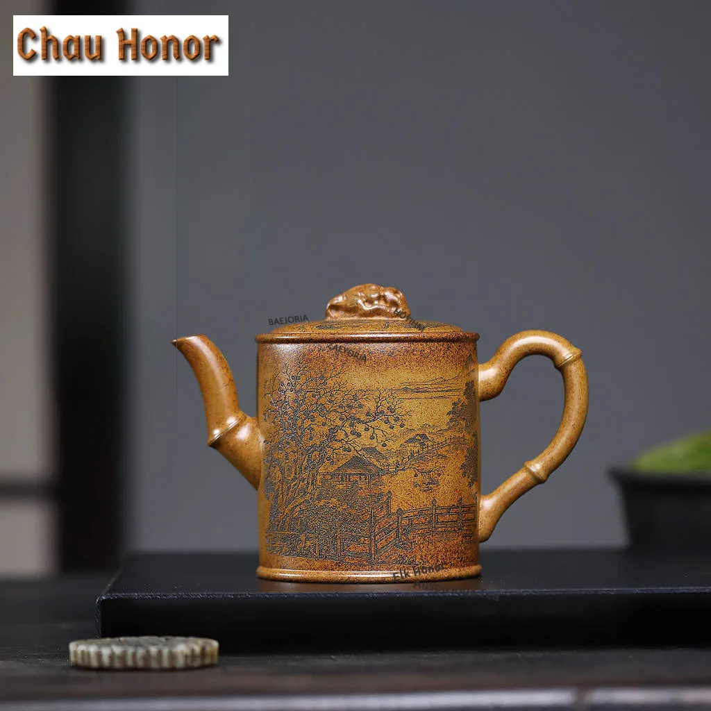 380ml Retro Yixing Purple Clay Teapots Handmade Taihu Stone Bamboo-joint Pot Raw Ore Wood-fired Mud Kettle Chinese Zisha Tea Set