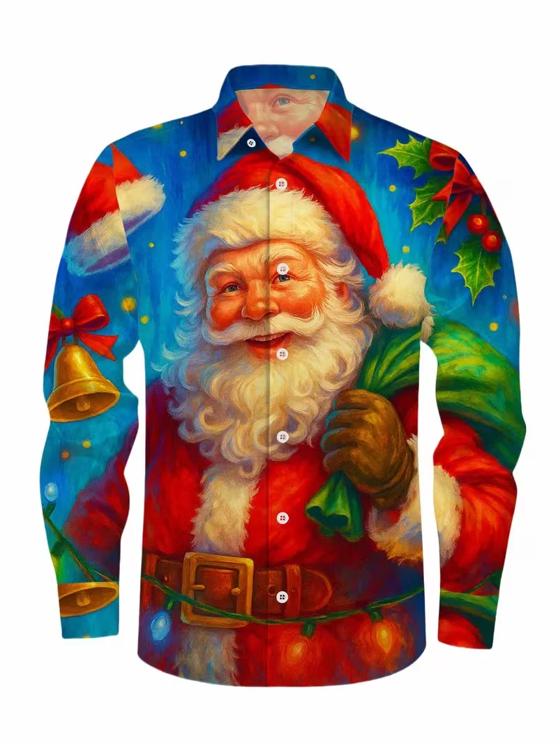 

Новая рождественская модная мужская повседневная рубашка с длинными рукавами и модным рисунком Санта-Клауса, рубашка с длинными рукавами