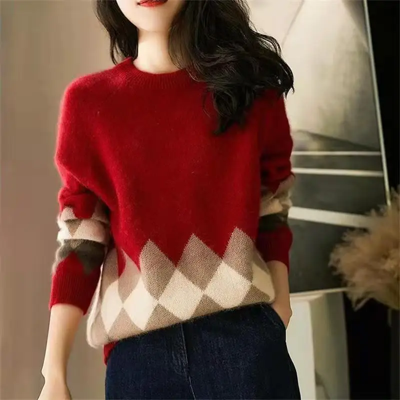 Ladies Sweaters Graphic Knitted Top for Women Pullover Round O Neck Red Plaid Y2k Fashion Korea Cashmere Korean Luxury Vintage