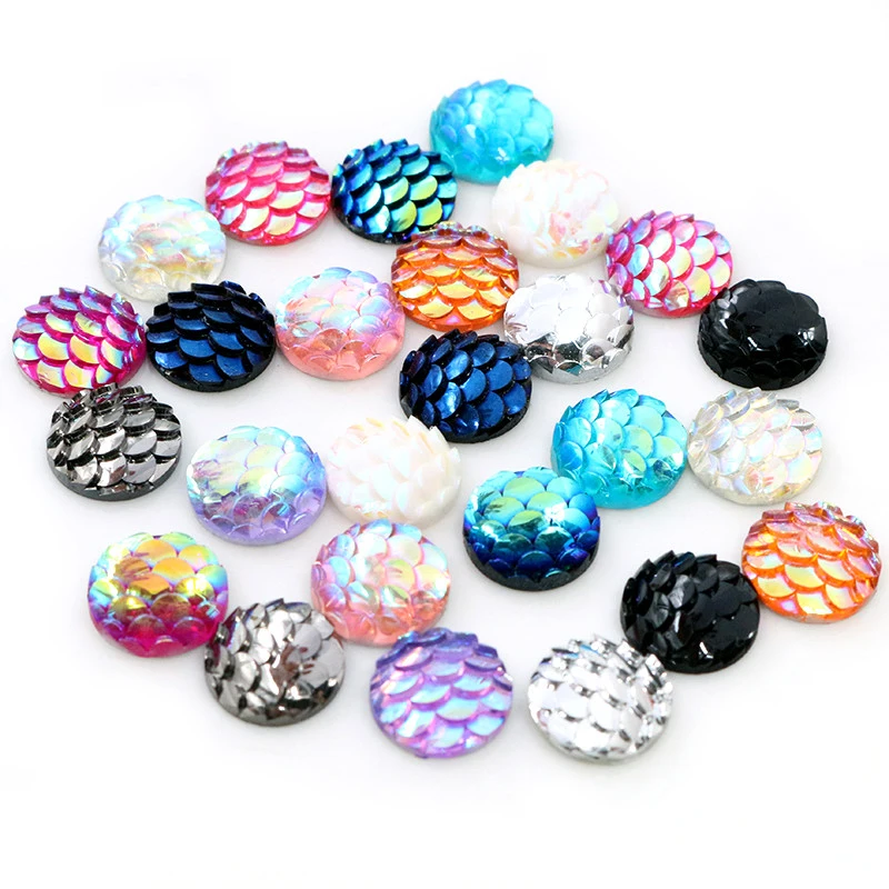 New Fashion 40pcs 10mm Mix Color Fish scales Style Flat Back Resin Cabochons Cameo