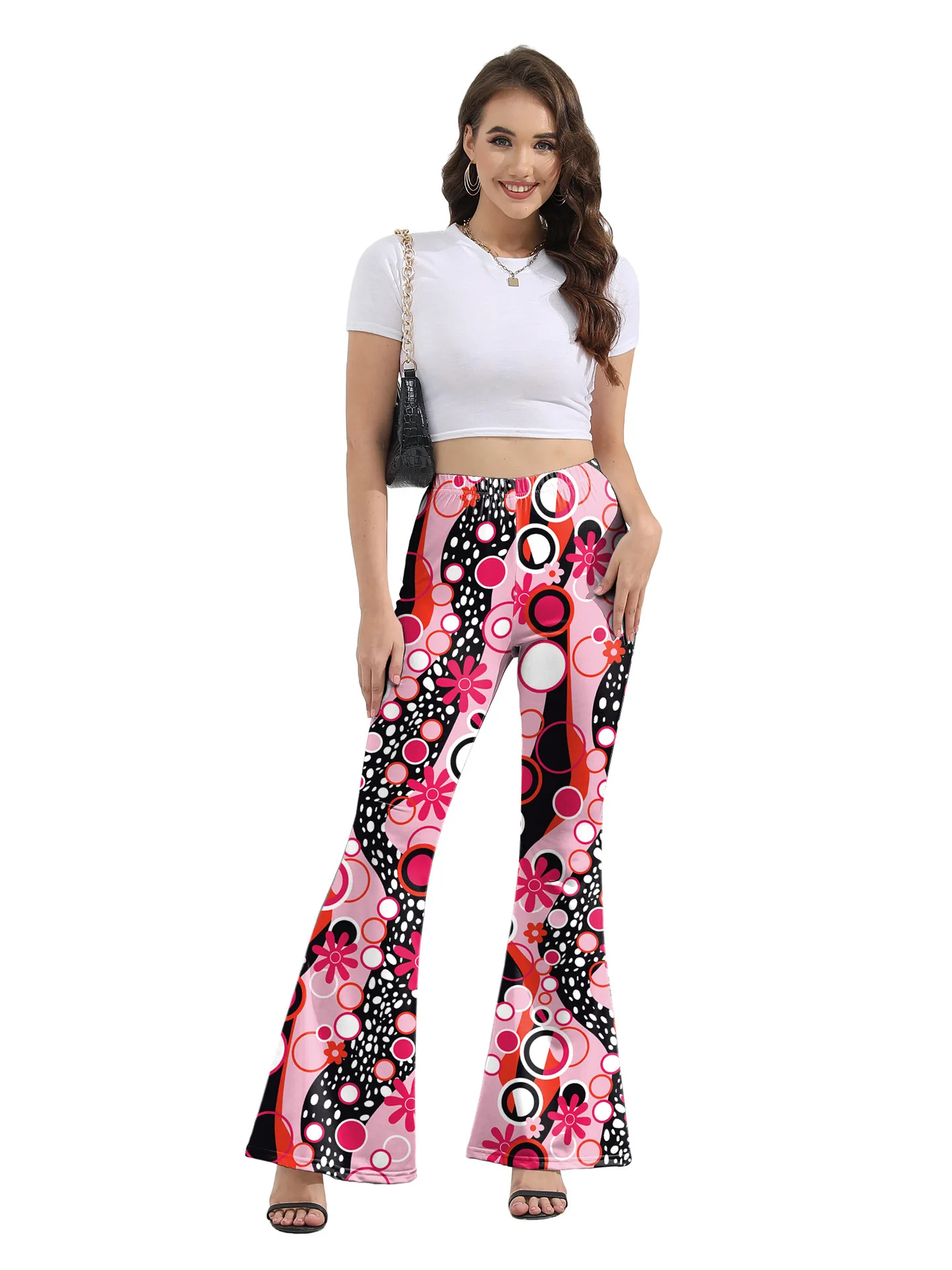 Damskie spodnie dzwony z wysokim stanem, z nadrukiem, codzienne, w stylu streetwear, długie spodnie, modne spodnie rozszerzane dla kobiet.