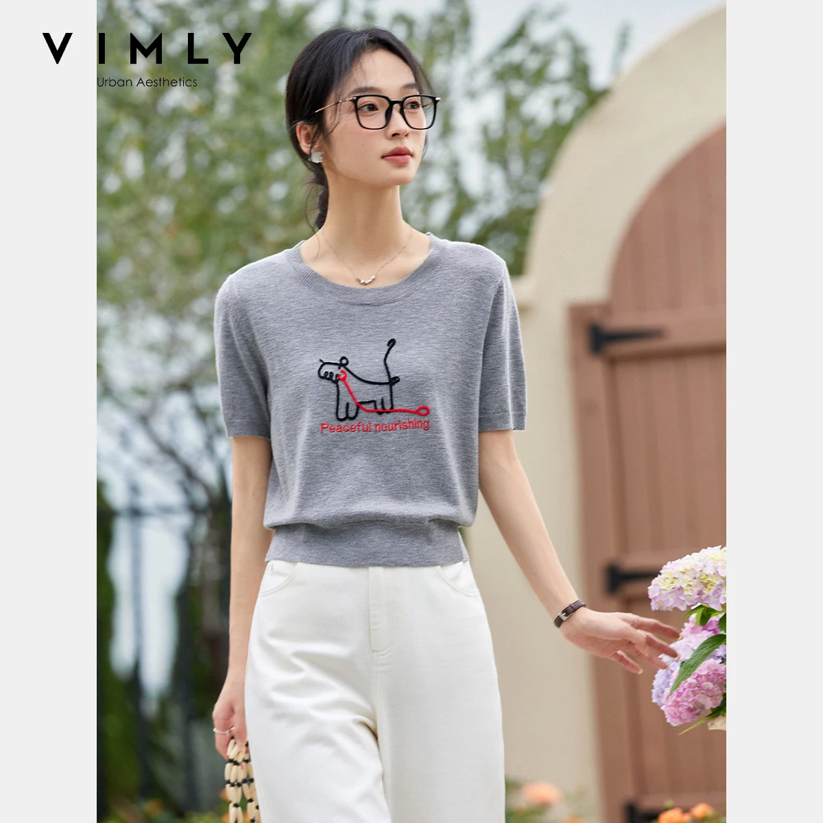 

VIMLY Women's Summer Knit Tops Knitwear Fun Puppy Embroidered Short Sleeve T-Shirt 2025 Casual Crew Neck Knitted Sweater 75021