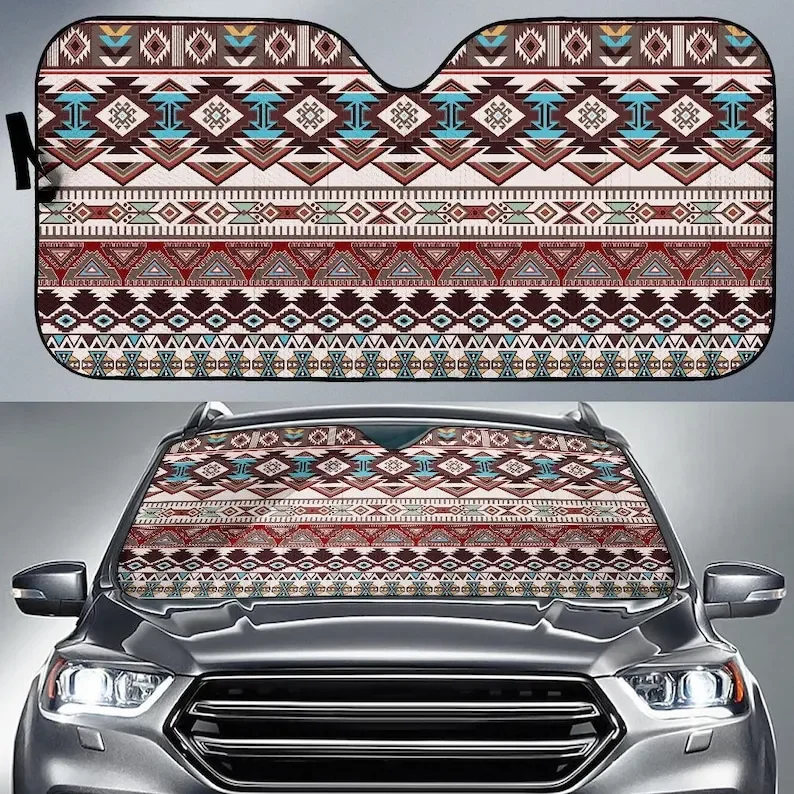 Brown Boho Chic Bohemian Aztec Car Windshield Sun Shade, Visor, Car Accessories