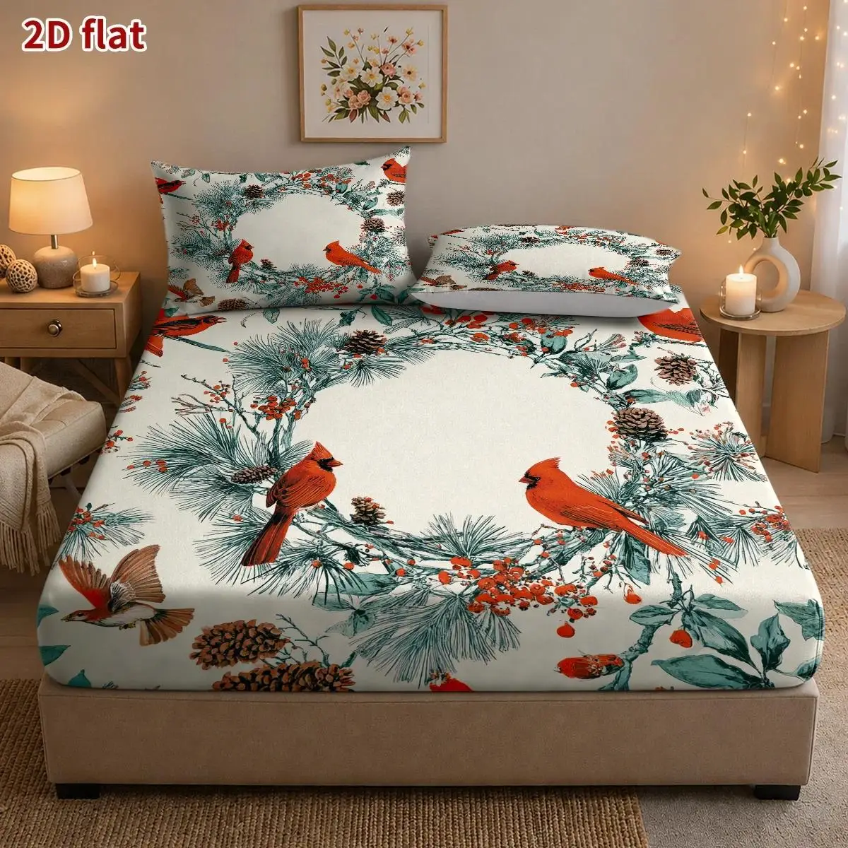 Christmas 2D Digital Print Three-Piece Bedding Set (Includes 1 Fitted Sheet + 2 Pillowcases) Mattress Protector, Fitted Elastic Style, Protective Cover, Mattress Protector, North American Cardinals Christmas Wreath Theme, Watercolor Hand-Painted Retro Style, Christmas Decoration, Suitable for All Seasons, Machine Washable, Holiday Decoration, Various Sizes, Breathable Protective Cover Plus Pillowcase