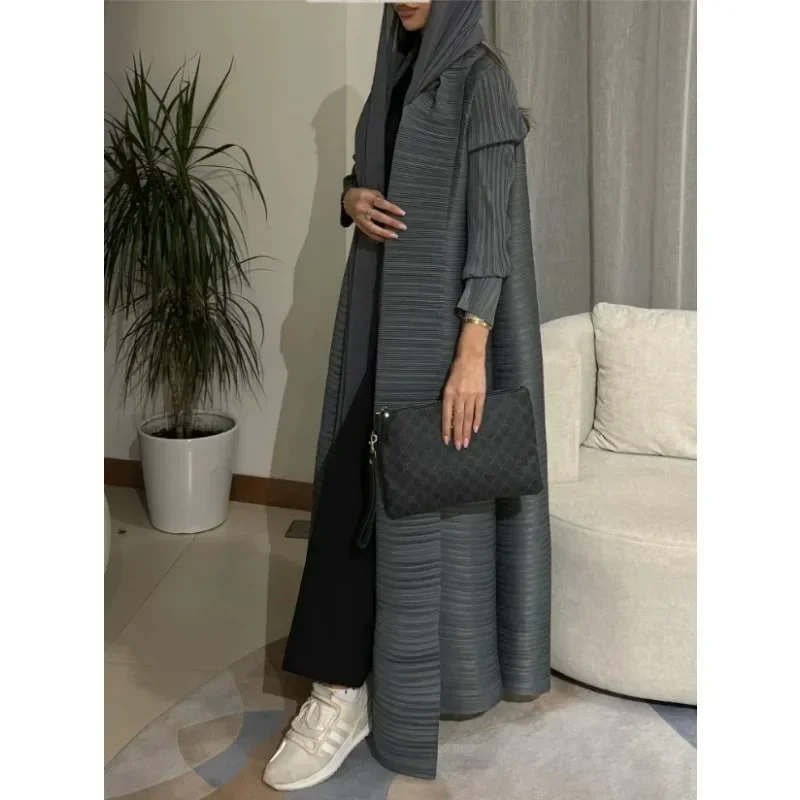 Miyake Pleated Solid Color Plus Size Long Jacket Saudi Women\'s Long Sleeve Shawl Cardigan Tie Abaya