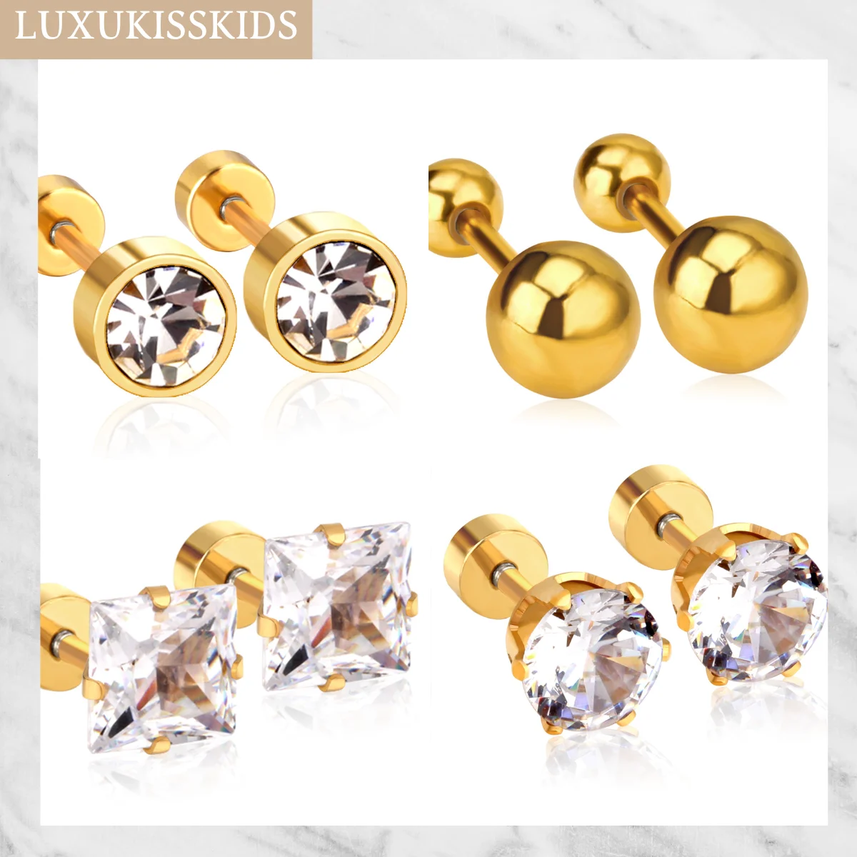 LUXUKISSKIDS 3/4/5/6/7MM Small Stud Earrings Round Ball White Cubic Zirconia Black Stone Screw Ears Jewelry Child/Girls Gifts