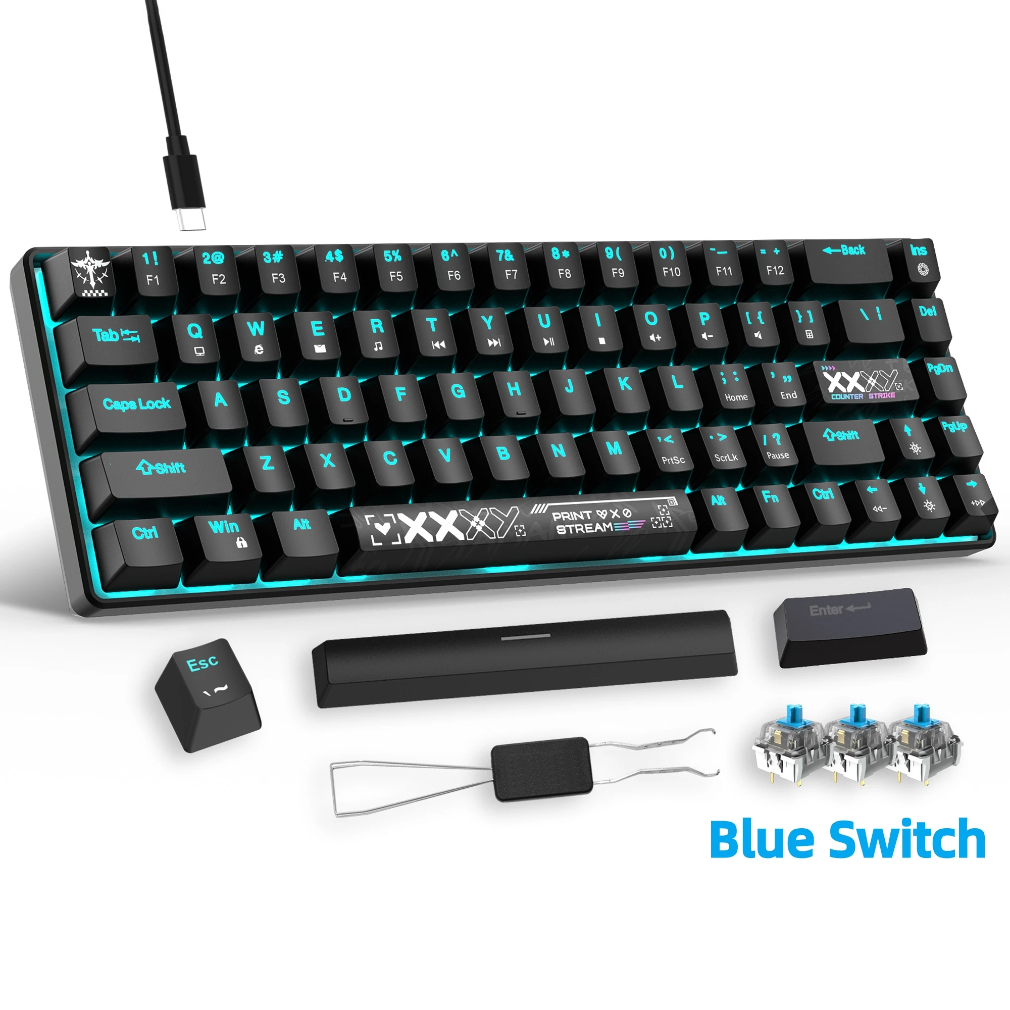 

Mechanical Gaming Keyboard, 68 Keys Gaming Keyboard With Blue/Switches, Detachable Type-C Cable Mini Keyboard With Blue Light