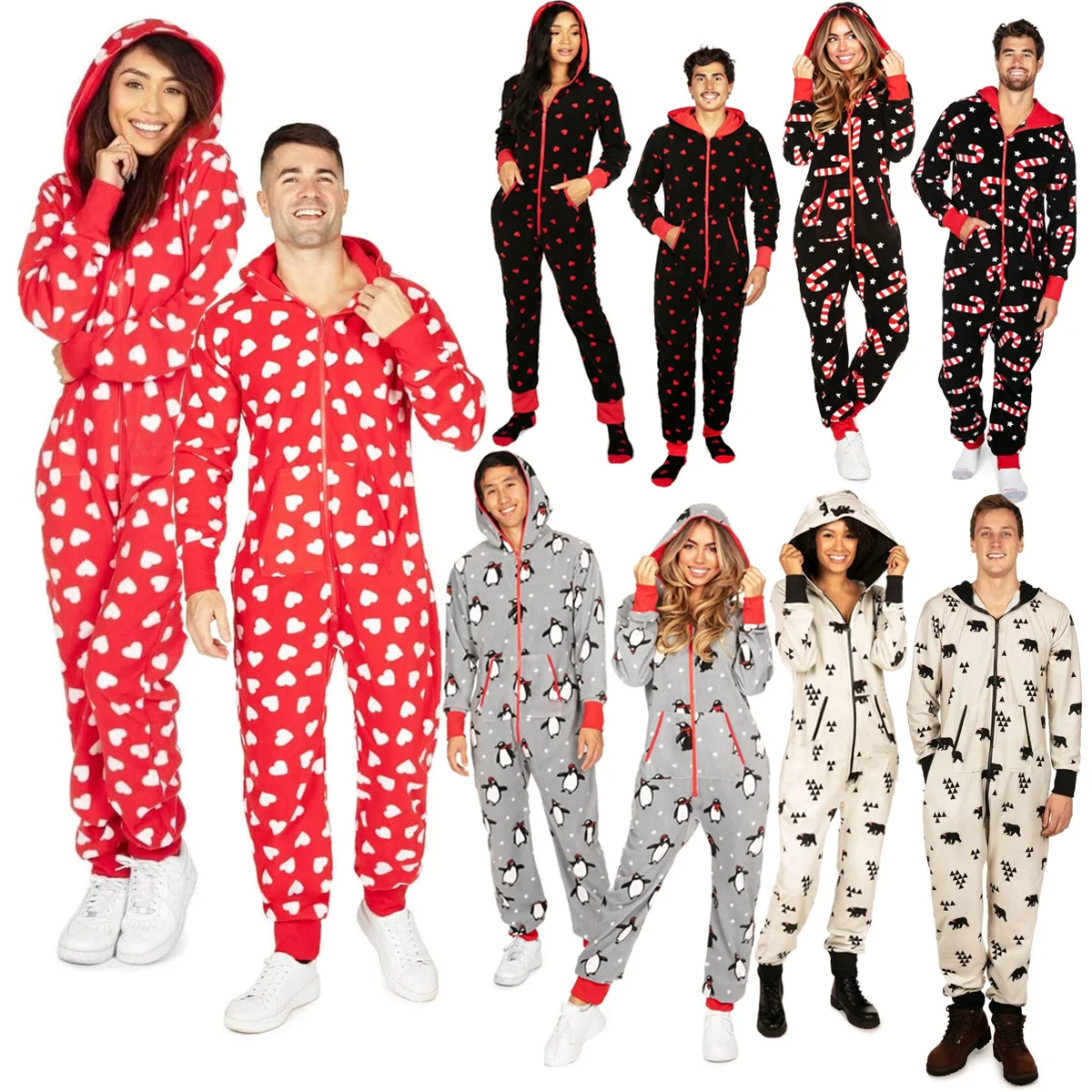 Christmas Autumn Winter One Piece Pajamas Valentine\'s Day Couple Dress Hooded Love Print Homewear Zipper Sleepwear