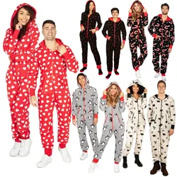 Christmas Autumn Winter One Piece Pajamas Valentine's Day Couple Dress Hooded Love Print Homewear Zipper Sleepwear