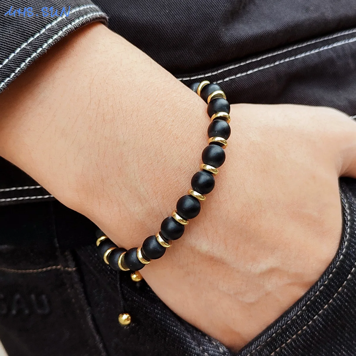 MHS.SUN Classic Black Frosted Stone Beads Bracelets Adjustable Gold Plated Stainless Steel Women Men Anniversary Jewelry