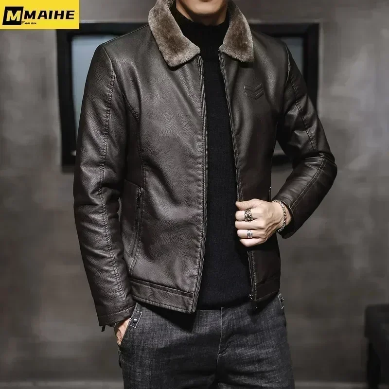 

Retro Fleece Leather Jacket Men Thick American Style Wind Resistant Warm Jackets Casual Lapel Outdoor Biking Winter Padded Coats
