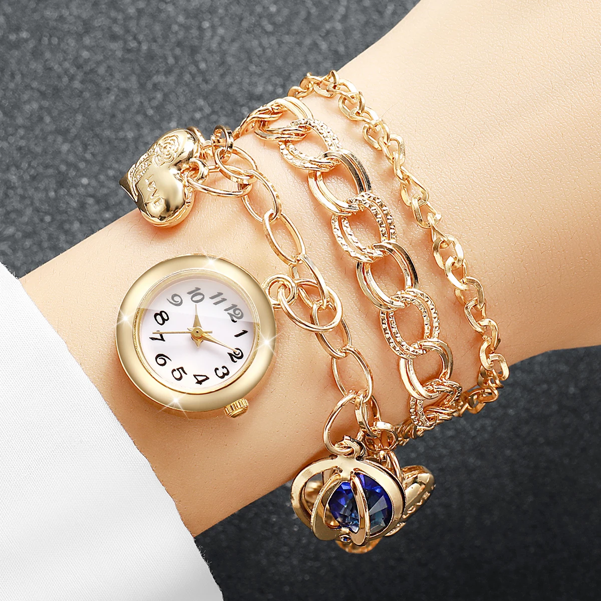 Fashion Women Gold Multi‑Layer Bracelet Watch Love Heart Blue Crystal Charm Quartz Wristwatch Relogio Feminino（Without Box）