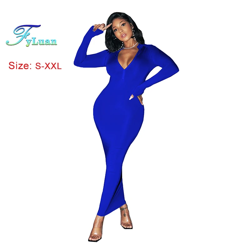 2025 High-End Women's Long Dress Solid Color Deep V Long Sleeve Tight Fitting Female Ankle Length Dress Sexy Fashion Prom Gowns