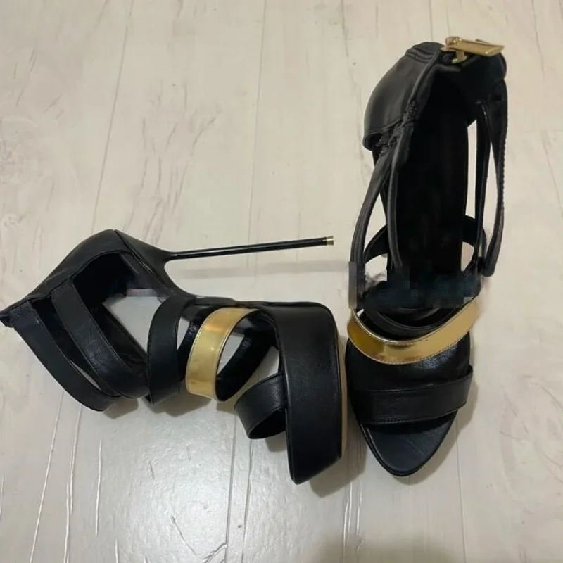 

Cross Strap Platform Sandals for Women Open Toe Black Leather Cover Heels Sexy Gladiator Summer Stiletto Party Runway Shoes