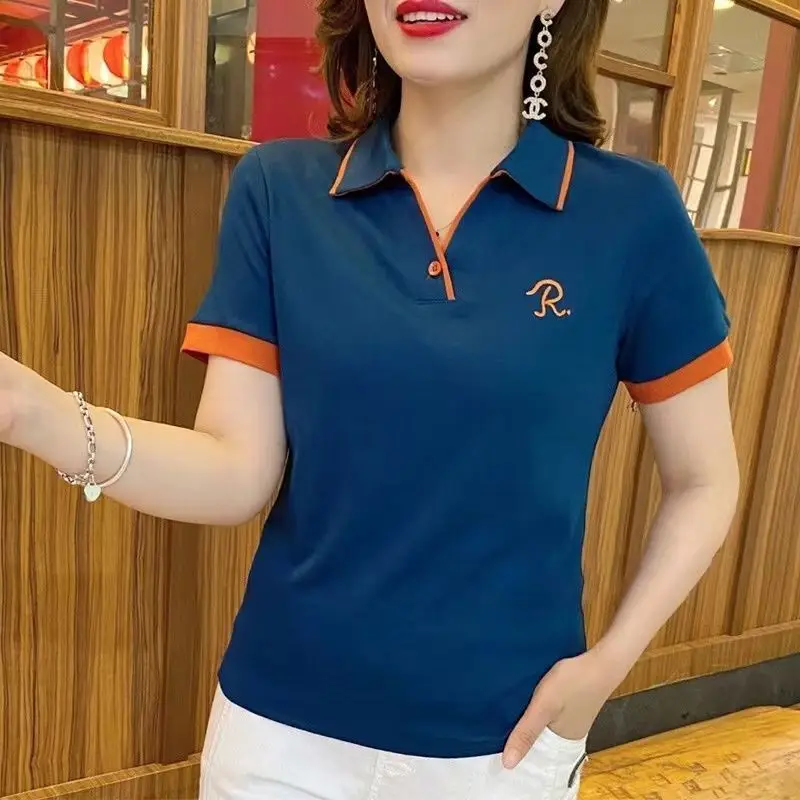 New Women Summer Contrast Color Letter Polo Shirts Female Casual Short Sleeve Tees Fashion Sports Joggers Tops Y2K Ropa De Mujer