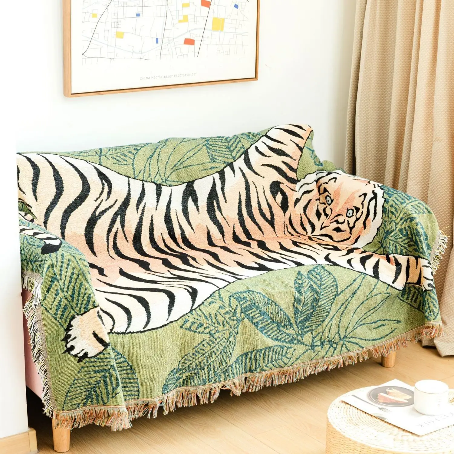 Textile City Ins Cartoon Leaf Tiger Throw Blanket Nordic Home Decorate Sofa Cover Knitted Tassel Tapestry Camping Picnic Mat