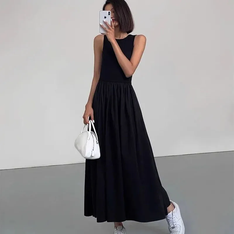 Summer Sleeveless Long Dress For Women Korean Fashion High Waist Round Neck Dresses Woman Solid Simple Temperament Midi Dress