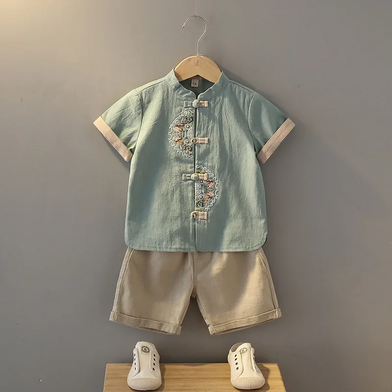 2025 3 colori abbigliamento tradizionale cinese per ragazzi Confucio Hanfu ricamo Tang Suit Capodanno Outfit manica corta estate