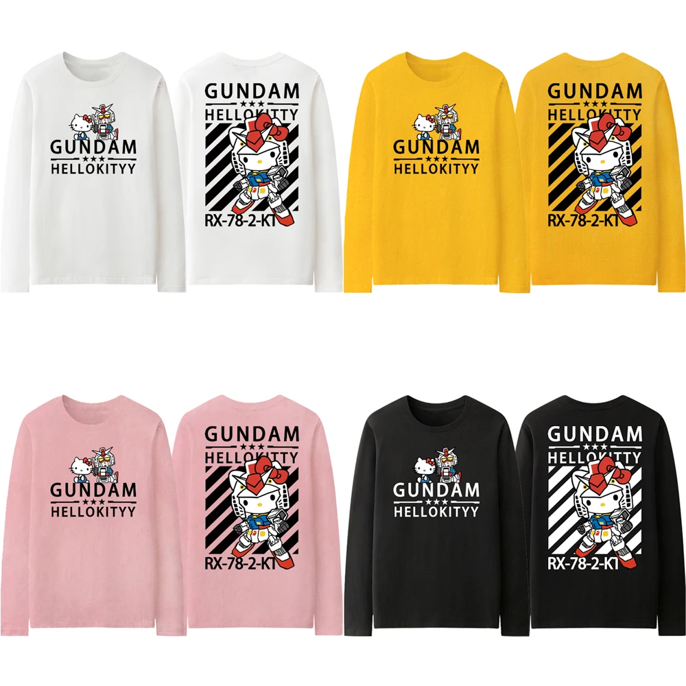

Мобильный костюм Kawaii Hello Kitty Gundam, футболка с длинными рукавами для совместной работы, товары Hello Kitty, одежда с принтом, весенний стиль