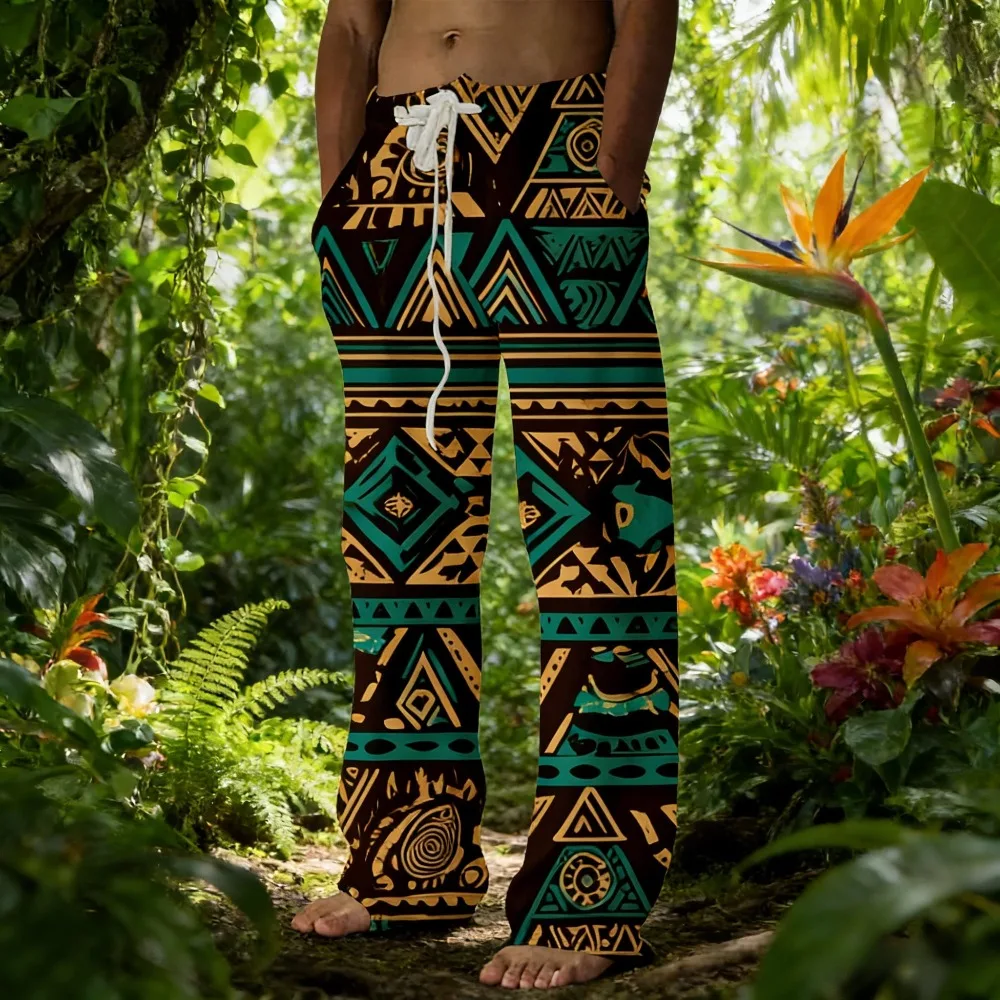 Pantalones Anchos Unisex con Estampado Tribal, Color Beige, Naranja y Verde Azulado, Estilo Hippie Geométrico, Corte Holgado, Ropa Informal Boho Chic para Hombre, Ropa Urbana