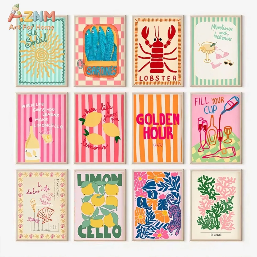 AZNM Décoration murale de cuisine sur toile sans cadre, motif typographique coloré d'été, citron, homard, fruits de mer, cocktail
