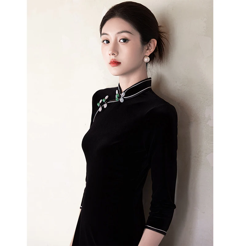 

Ele Bla Velvet Simptic Anghai Sle Женская длинная повседневная одежда Qipao для похудения Faion ow Performance