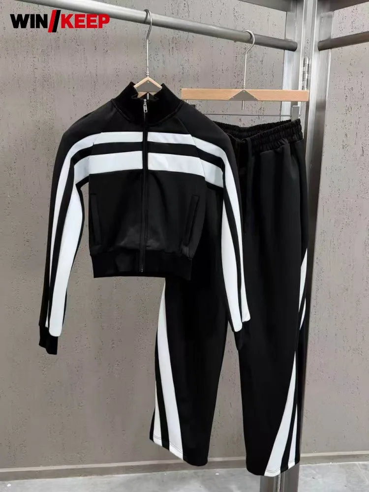 Autumn Women Tracksuit Mixed Colors Stand Collar Slim Fit Short Jacket Straight Pants Two Piece Set Female Running Sportswear