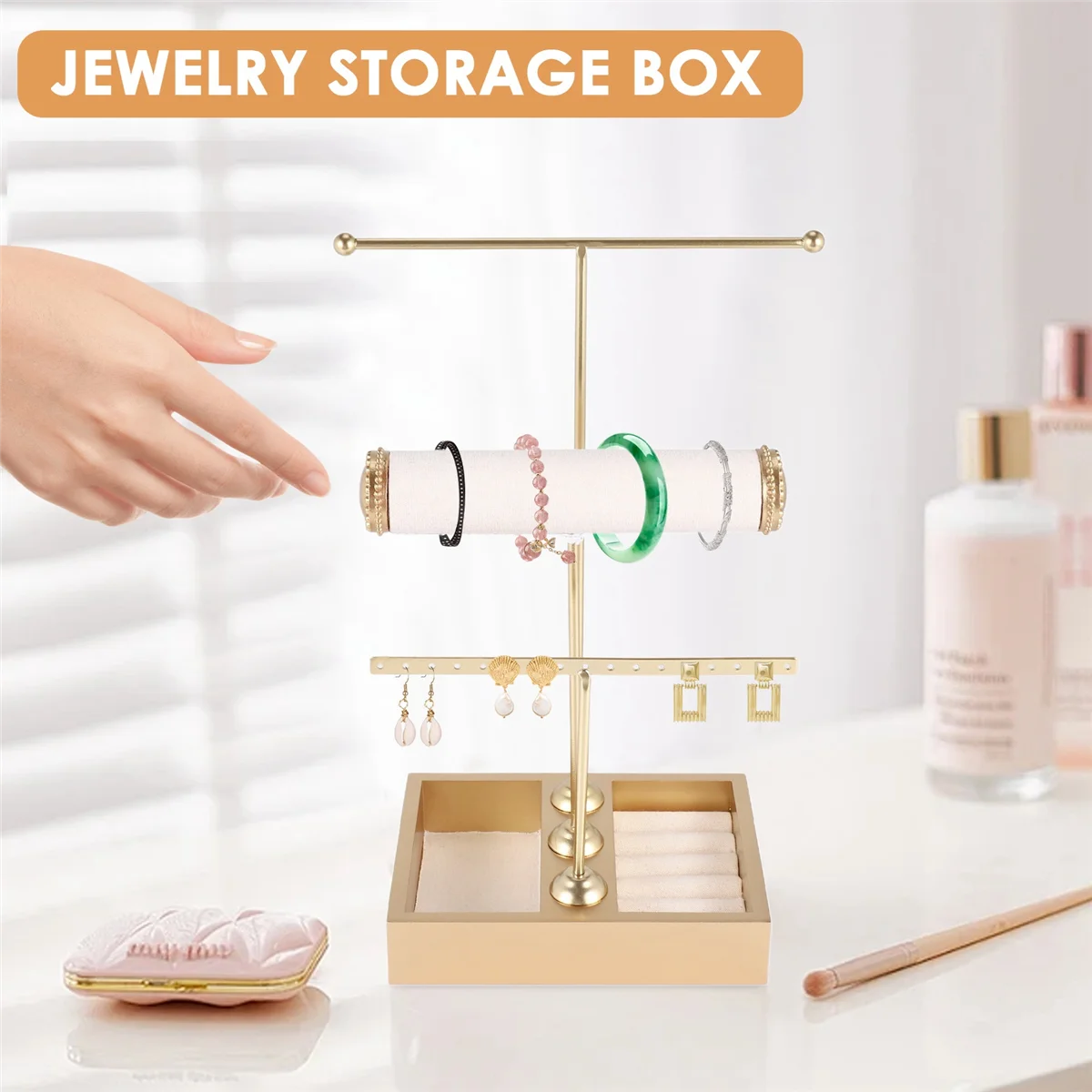 Abqr suporte de árvore de joias de 3 camadas, torre, colar, pulseira, expositor de joias, torre de joias com bandeja de anel