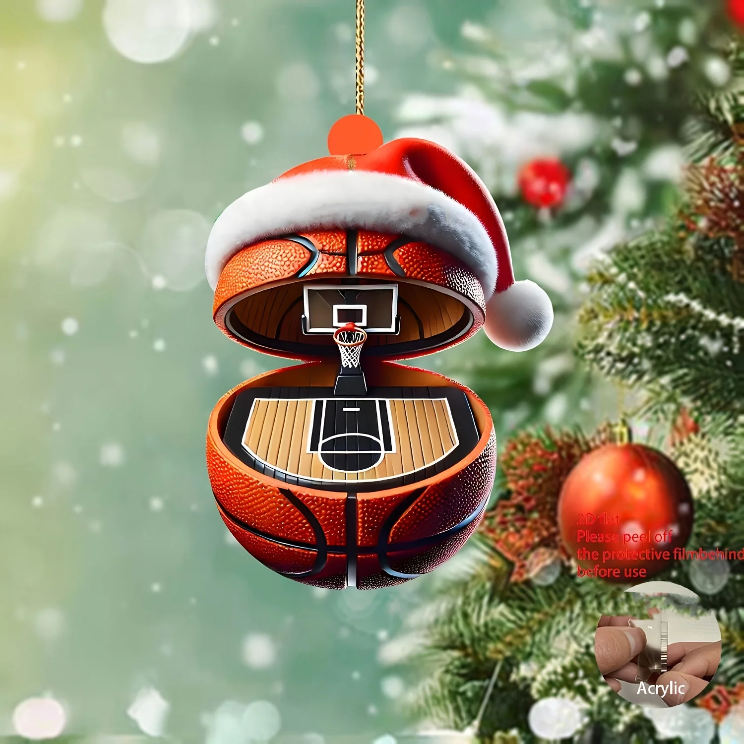 2D flacher Basketballkorb Ornament Acryl Weihnachtsbaum Ornament Weihnachtsmütze Basketballplatz Party Dekoration Festival Geschenk