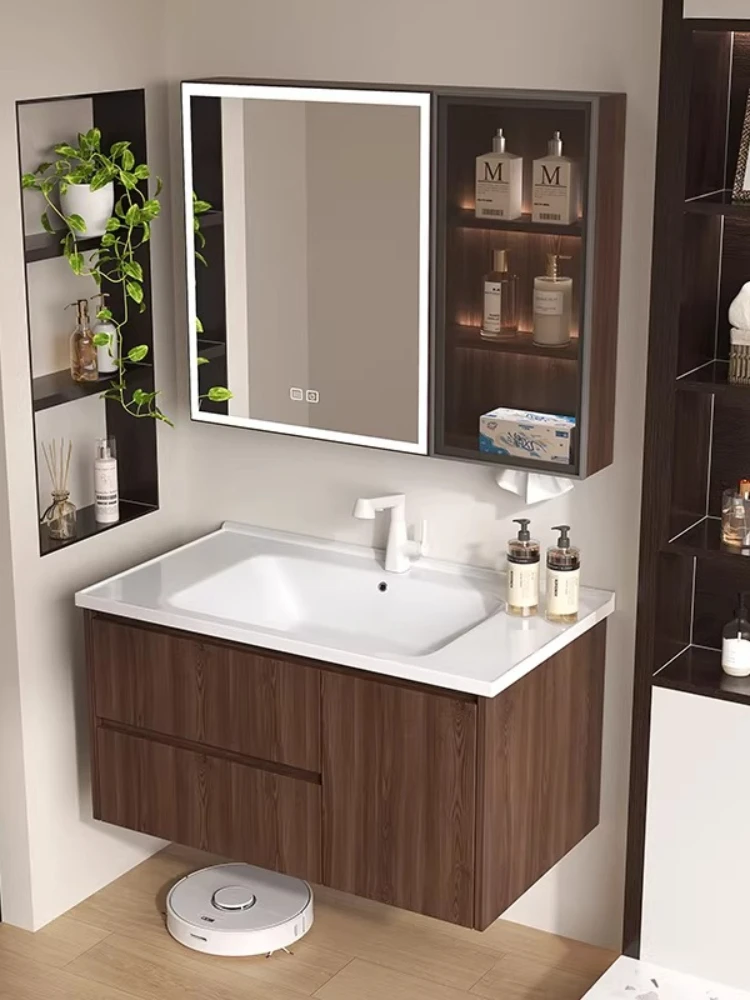 Walnut small apartment honeycomb aluminum bathroom cabinet combination new Chinese ceramic integrated basin washstand