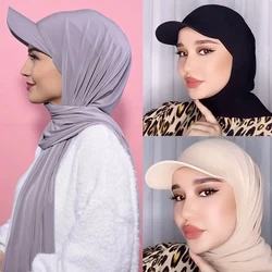 Muslim Baseball Caps With Scarf Jersey Hijab Shawl Solid Color Bandana Turban Hat For Women Ready To Wear Headwrap Bonnet