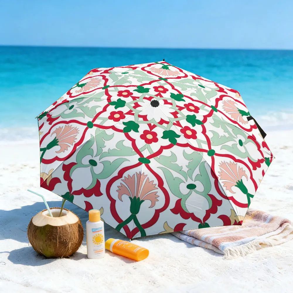 1PC Floral Umbrella by Serene Lake for a Perfect Picnic Spot Print 8 Iron Ribs Folding Umbrella Auto-Open Fashion Sunshade
