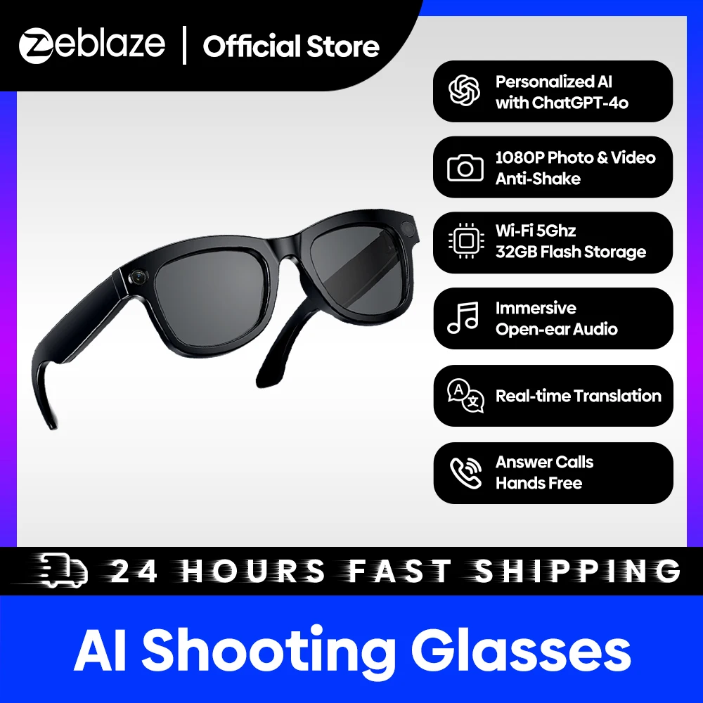 Zeblaze Eyewear AI Shooting Glasses High-Res Photo&Video Open-ear Audio Personalized AI with ChatGPT-4o Wi-Fi 5Ghz 32GB Storage