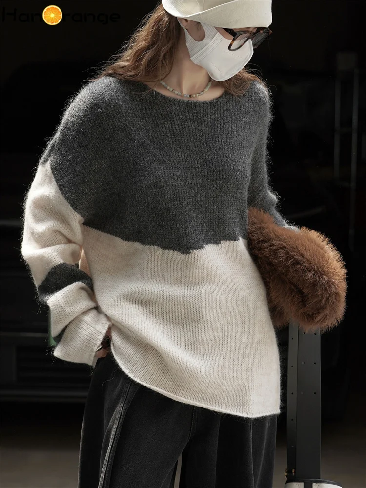 

HanOrange 2025, осенне-зимний ленивый мохеровый свитер с круглым вырезом, женский мягкий, приятный для кожи, повседневный топ, серый