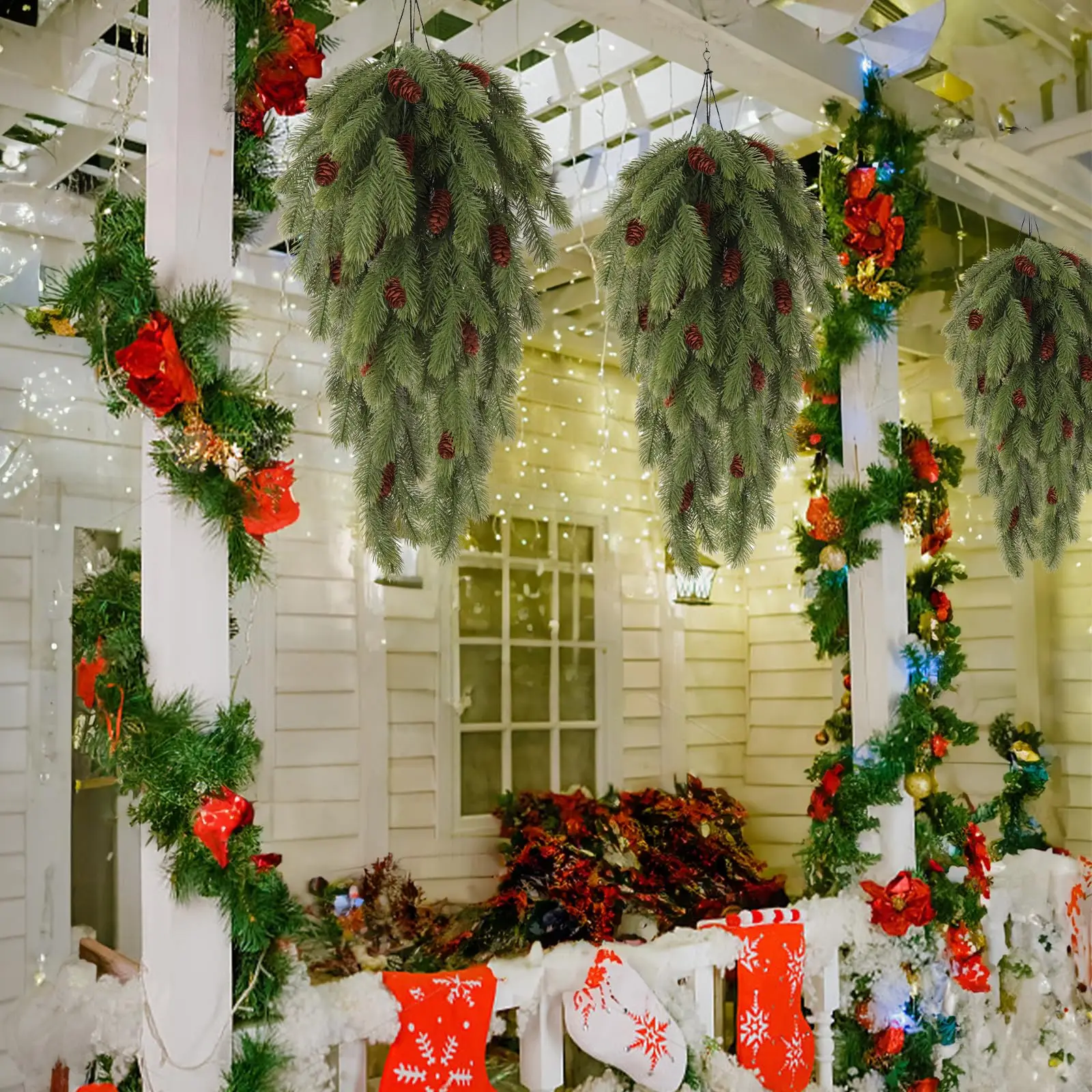 1 Stück künstliche Tannennadeln zum Aufhängen, Ranke mit künstlichem Tannenzapfen aus Kunststoff, künstliche Pflanzen für Weihnachtsfeier, Zuhause, drinnen und draußen – Detail 3