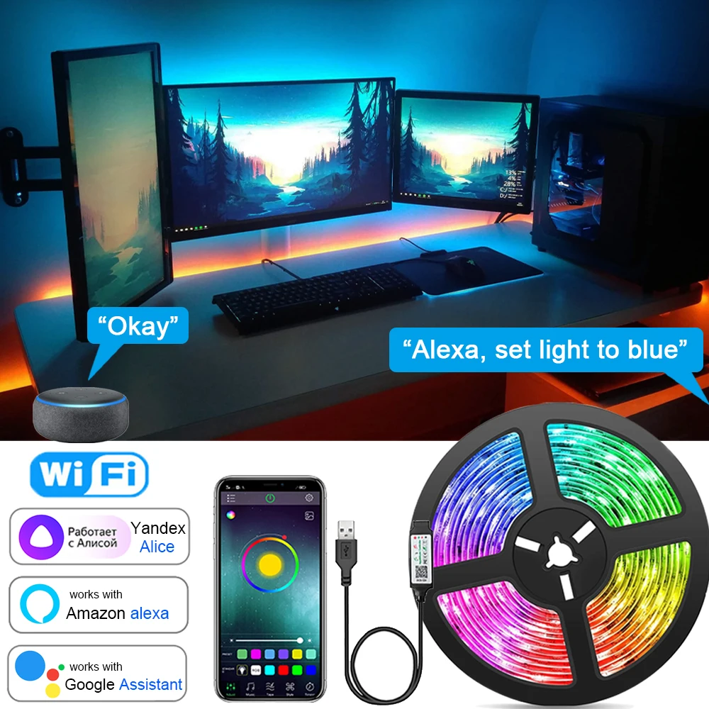 Wifi LED Strip Lights Music Sync RGB LED Tape Alexa Smart Lights Strip for Party Room Decor TV Backlight