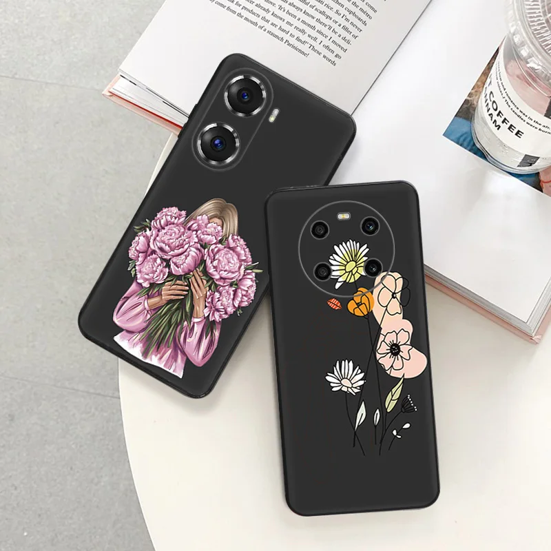 Black Soft Phone Case for Honor Magic5 Pro X7b X8b X9b X6 X7 X8 X9 A 90 70 Chrysanthemum Flower Girl Pixel 6 7 8 6a 7a 8a Cover