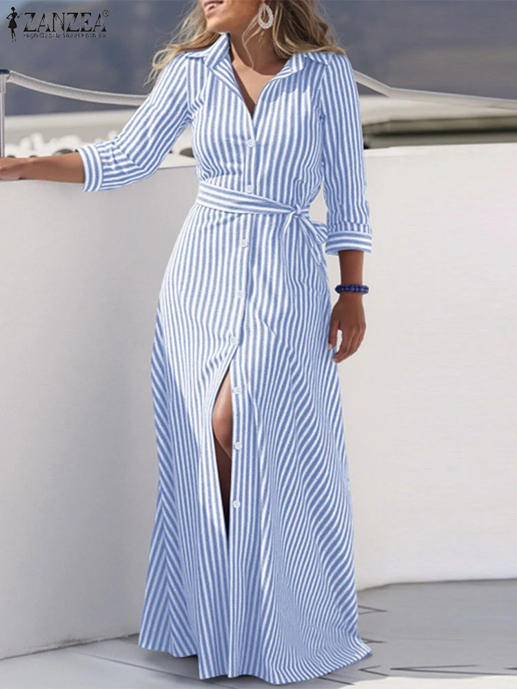 ZANZEA 2025 Autunno Abito a righe Donna Elegante risvolto Collo Manica lunga Vestito estivo Robe Femme Bottoni Up Abiti Abiti da ufficio